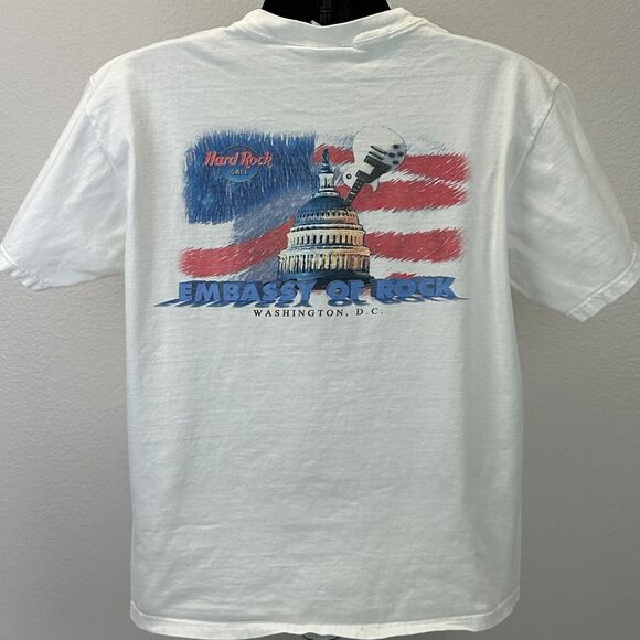 Vintage 90s Hard Rock Cafe Washington DC T Shirt Embassy of Rock White L Large - Picture 3 of 15